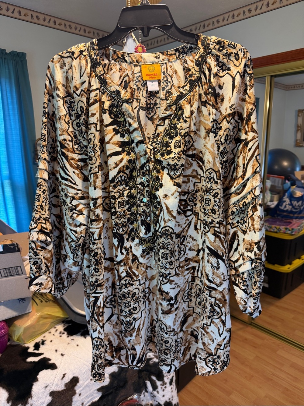 Ruby Rd. Cream and Brown Printed Henley Blouse